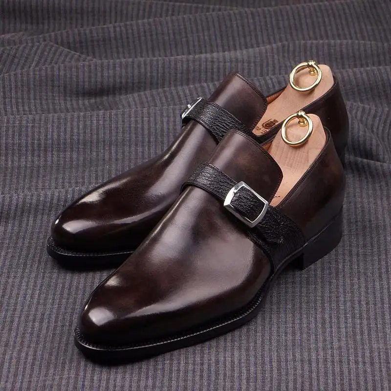 

Men's High-end Brown PU Single Buckle Pointed Toe Low Heel Comfortable Business Casual Dress Everyday Monk Shoes HL367