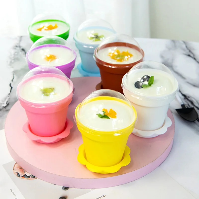 

20 Sets Flowerpot Cake Pudding Cups with Lid Shovel Scoop Bottom Tray Plastic Yogurt Cup Dessert Container for Ice Cream Mousse