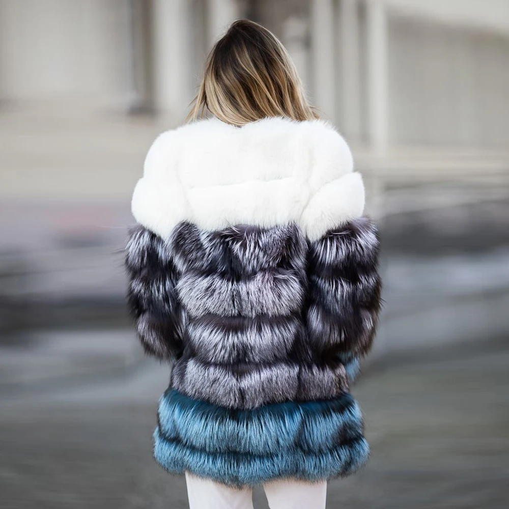 Mid-length Natural Fox Fur Jacket for Women Winter Outwear Luxury Fashion Women Real Fox Fur Coat Color Patchwork Fur Overcoats
