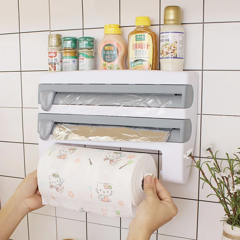

Wall-mounted paper towel rack, cling film dispenser, soy sauce bottle storage rack, multifunctional kitchen storage bag
