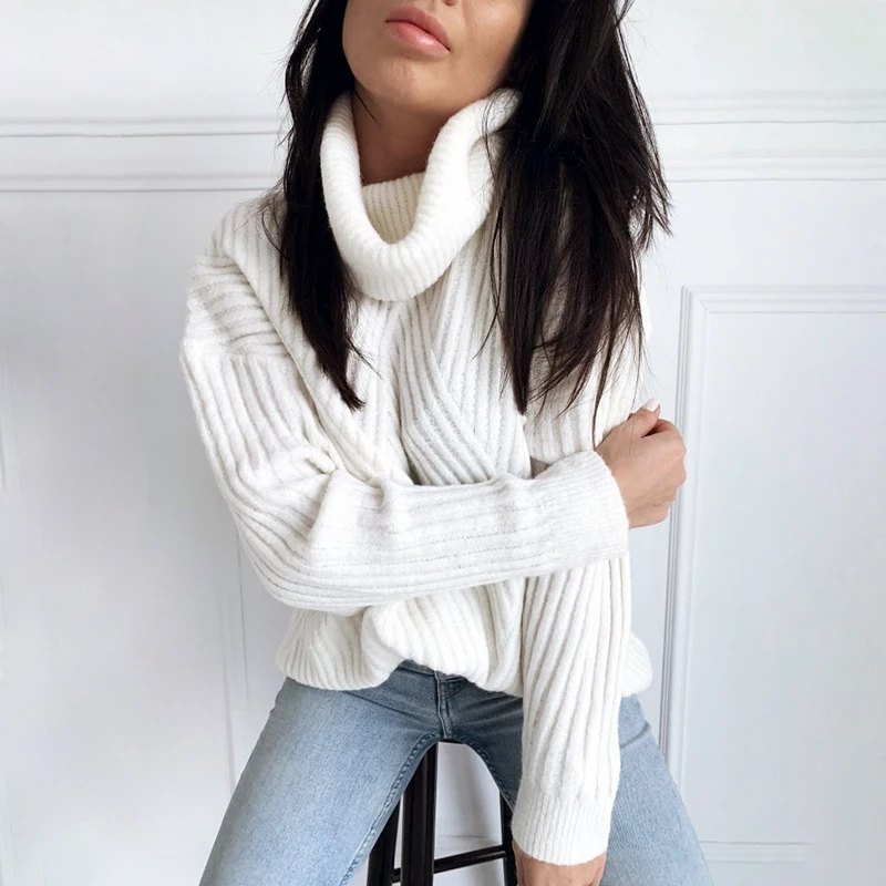 

Spring and Autumn Piles of High-necked White Casual Knitted Sweater Women's Basic Sweater Loose Batwing Long-sleeved Pullover