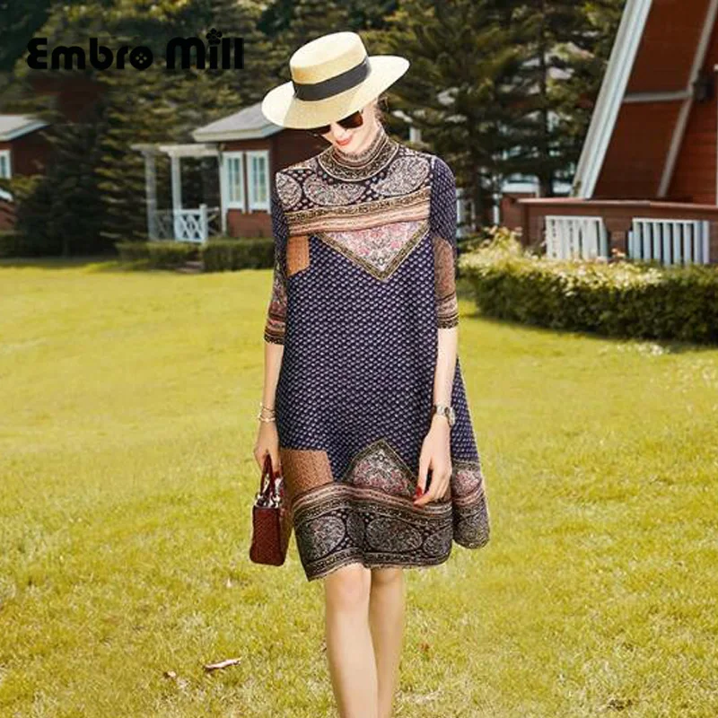 

Autumn New Turtleneck Print Vitality Loose Dress Street Style Three Quarter Sleeve Luxurious Elastic Fold A-line Dress S-XL