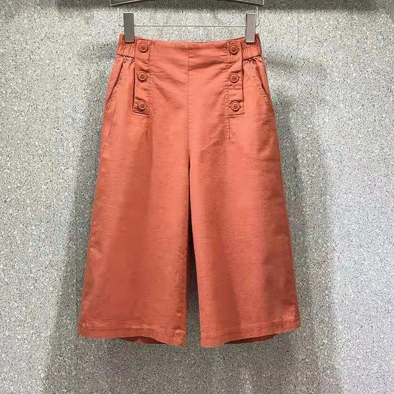 

2021 New Summer Women Loose Casual Elastic Waist Straight Pants All-matched Fashion Button Design Cotton Calf-length Pants W98