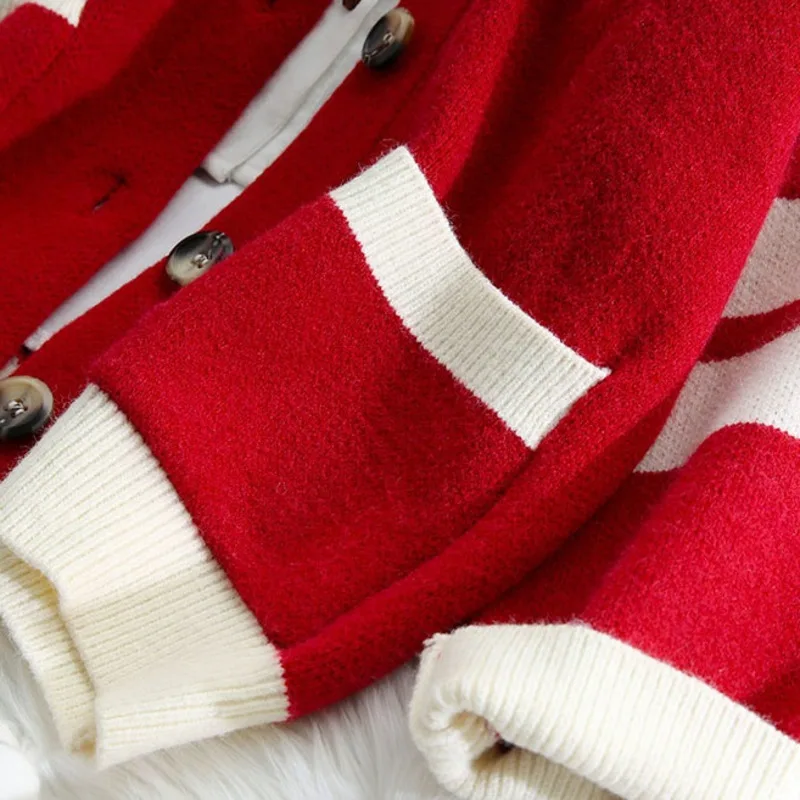 

Korean Striped Knitted Cardigan Women 2020 Autumn Winter New Single-breasted Long Sleeve Pocket Ladies Red Sweaters Outwear M339