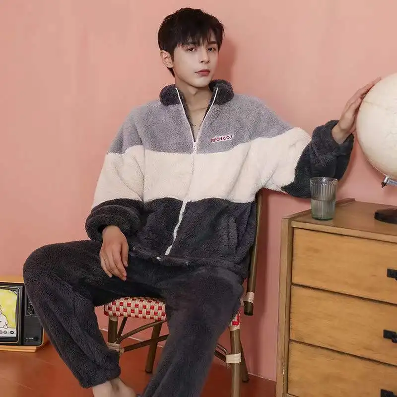 Men's Pajama Set Winter Thicken Warm Sleepwear 2Pcs/Set Tops + Pants Home Clothes Coral Fleece Pyjamas Suit