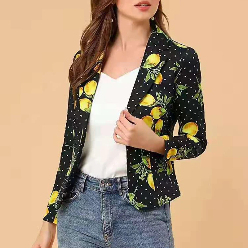 

Autumn Fashion Streetwear Women Printed Turn-down Collar Buttons Small Suit Coats Elegant Long Sleeves Slim Office Lady Jackets