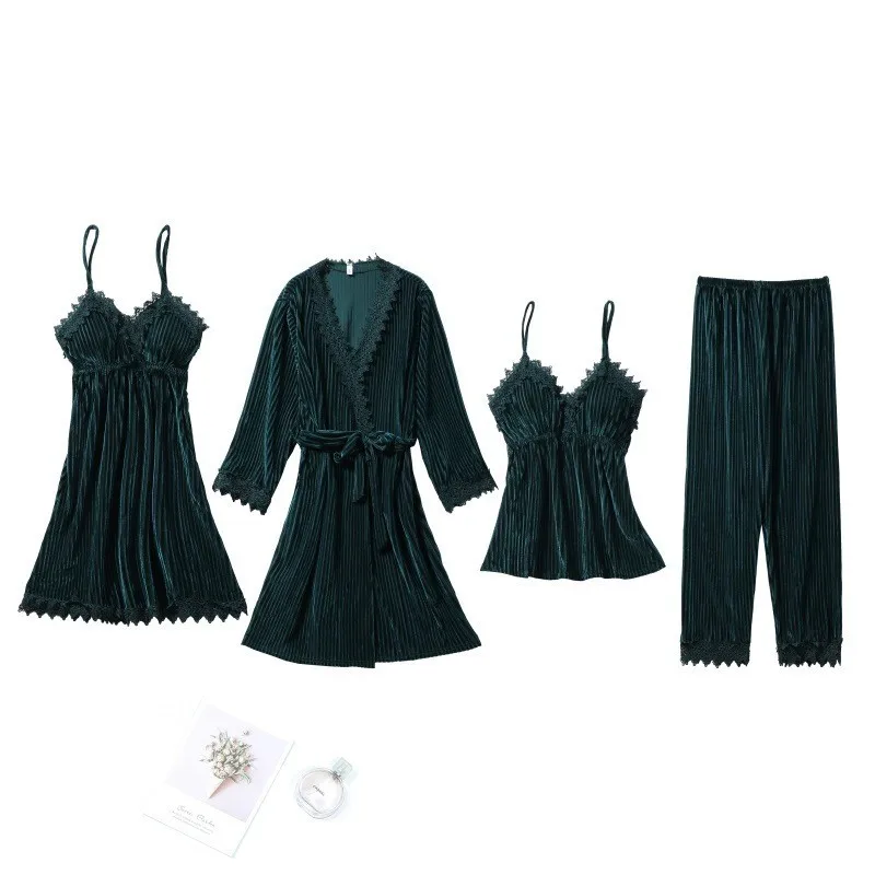 

Women Green Striped Pajamas Set Velour Kimono Gown Sexy Lace 4PCS Sleepwear Femme Pijamas Suit Velvet Sleep Set Home Clothing