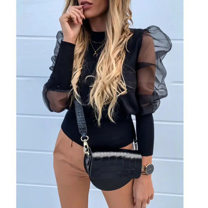 

Women Ladies Puff Mesh Sleeve Shirts Round neck puff sleeve mesh gauze
