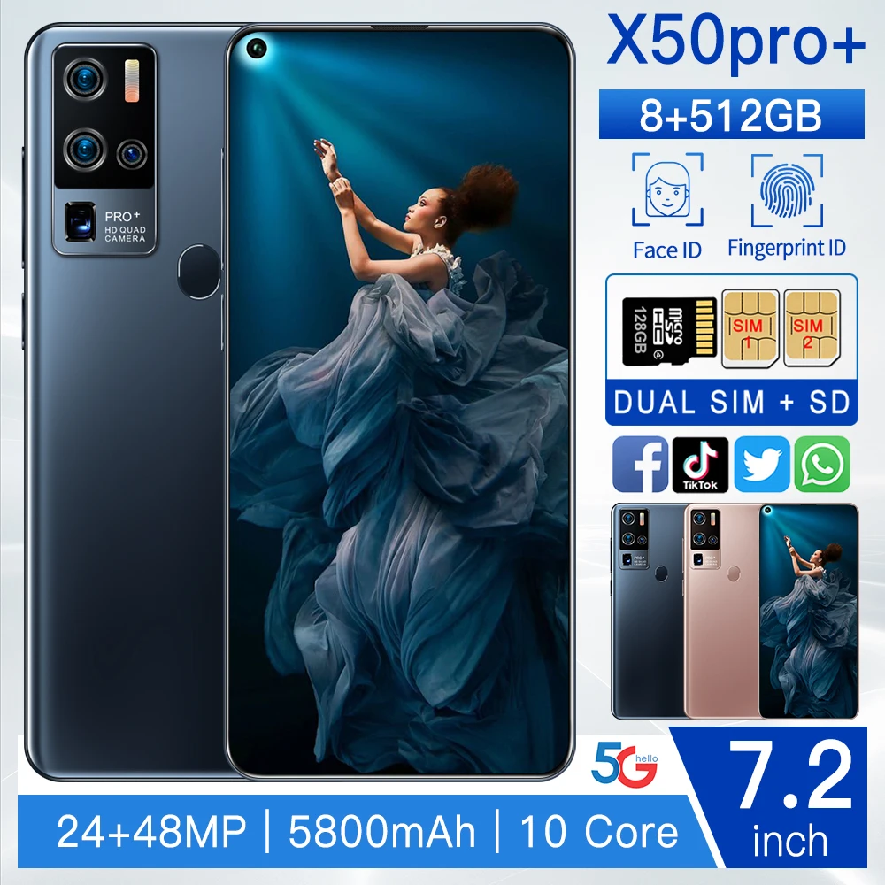 

Global Version Smartphone New X50Pro+ 7.2Inch 12GB+512GB Android10 Deca Core 5G 5800mah 24MP+48MP MTK6899 Telephone Celulares