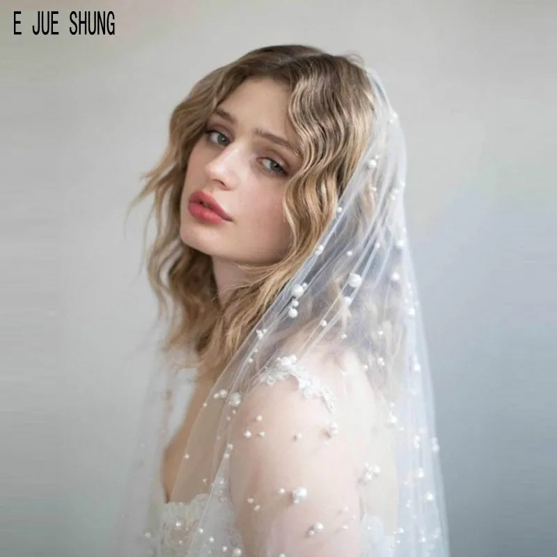 

E JUE SHUNG Fashion Bridal Veils With Pearl Tulle Wedding Veils One Layers Bride Accessories Bridal Party Veils veu de noiva