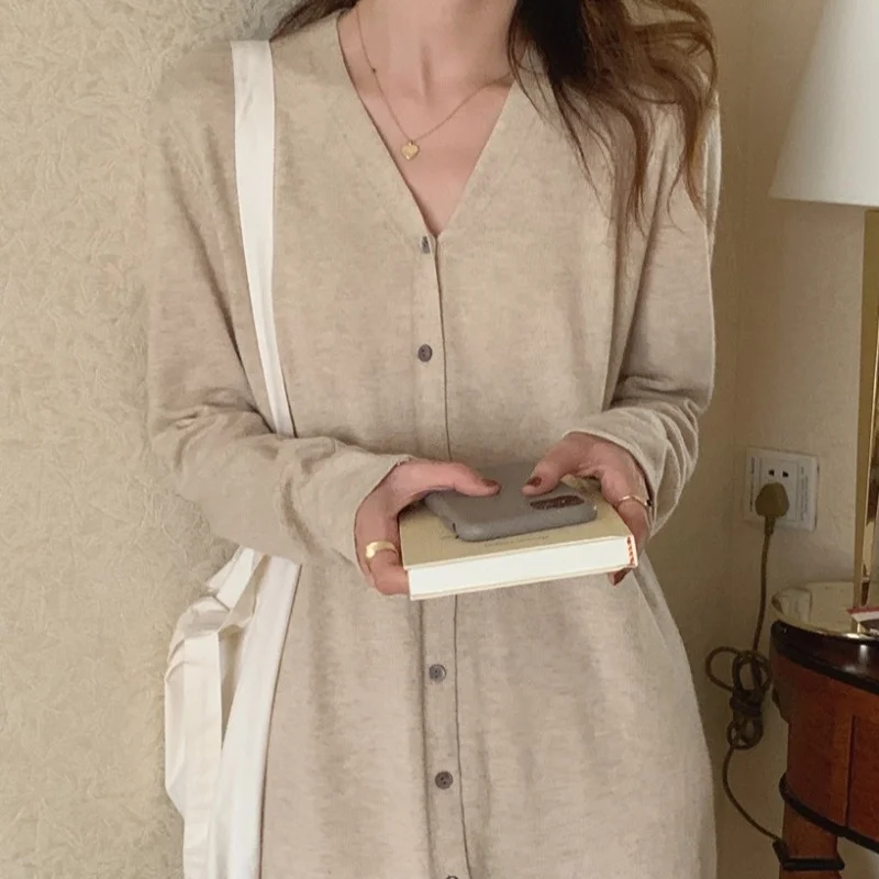 

Solid Color Women Dress Korean Autumn And Winter V-neck Single Breasted Loose And Thin Medium And Long Knitted Sweater Dress