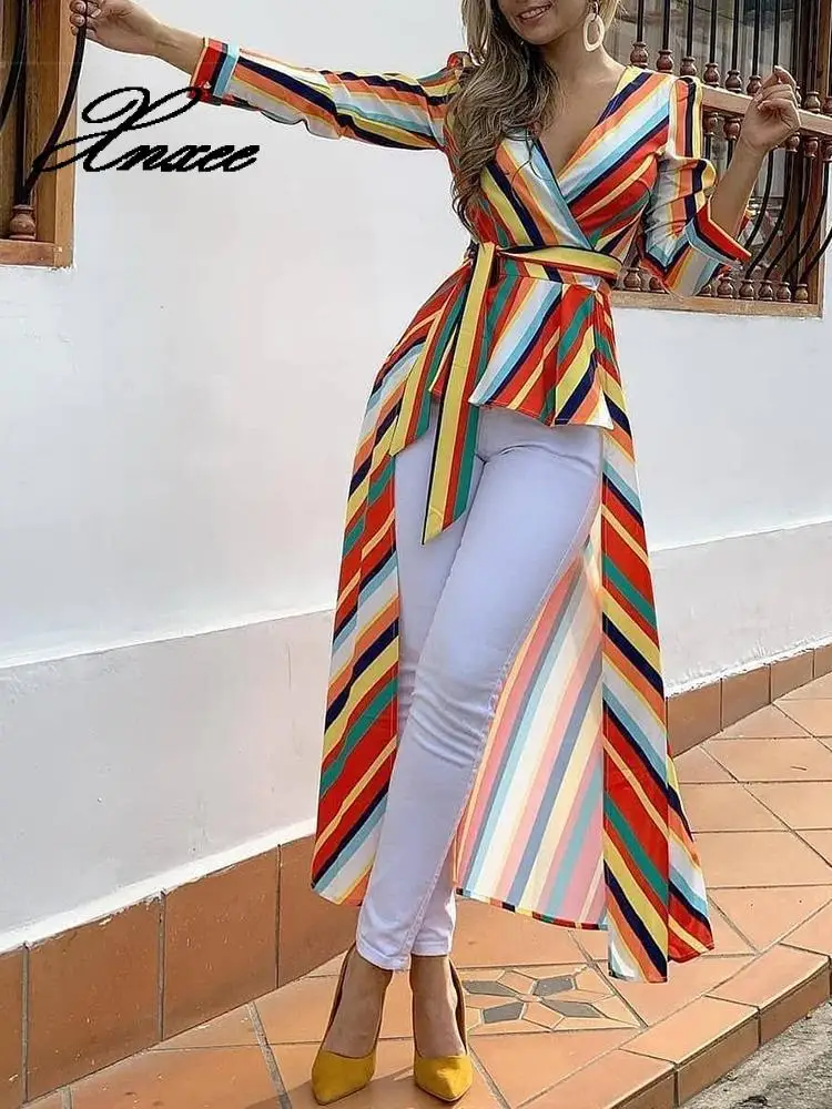 

Xnxee Women Fashion Elegant Office Workwear Asymmetrical Long Blouse Female Casual Top Striped Tied Front Dip Hem Shirt