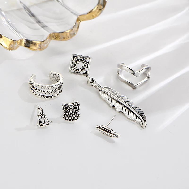 Серьги-гвоздики Женские винтажные в виде пера совы Листьев тибетский