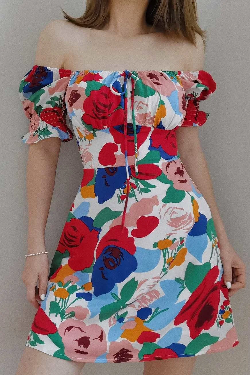 

WOMENGAGA Retro Square Collar Bow Tie Colorful Print Elastic Waist Short Sleeved Dress For Women Fshion 2020 Mini Dresses NV4Y