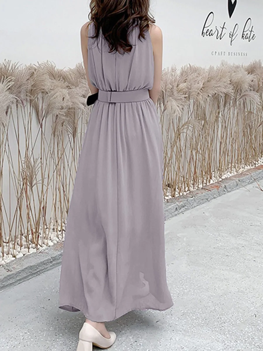 

Korean Chiffon Long Dress Women Summer Ladies Sleeveless Sexy High Waist Maxi Dresses