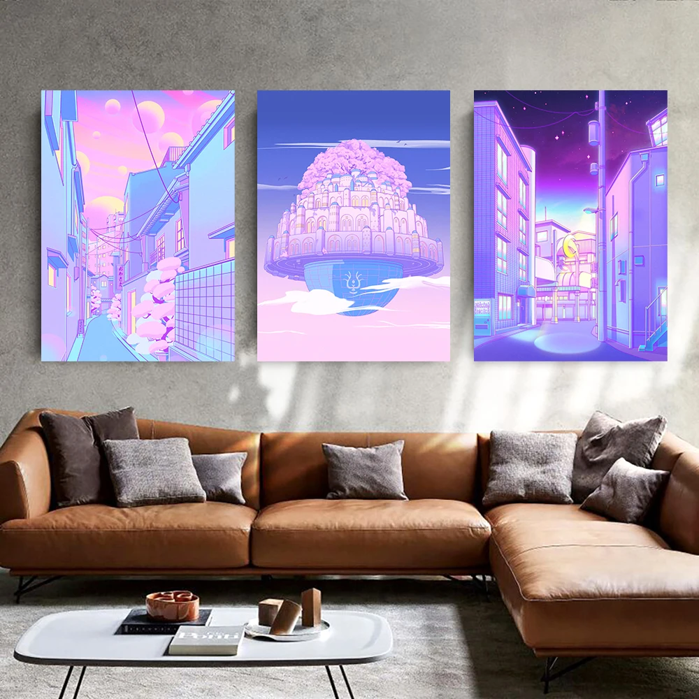 Постер в стиле Vaporwave 80-х годов городская ночь улица кот картина настенное