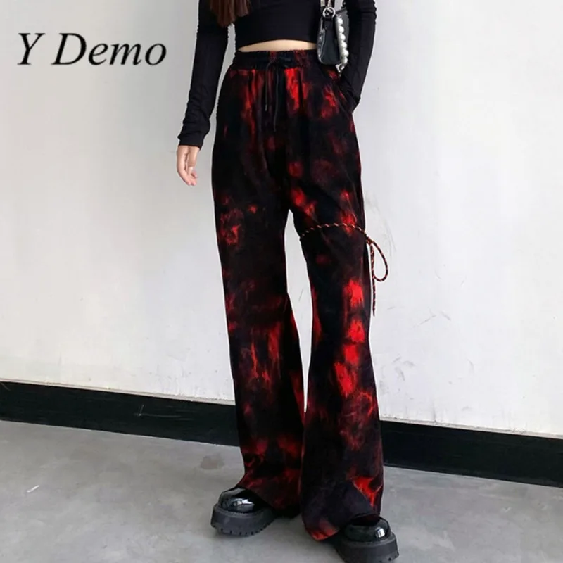 

Y Demo Harajuku Grunge Red Tie Dyed High Waist Pants Women Casual Flare Pants Female Trousers Y2k