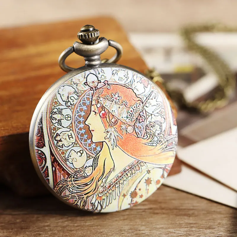 goddess 1 Винтажный Альфонс Марии муха знаменитая картина маслом красивые женские карманные часы с портретом брелок цепочка ожерелье кулон окрашенные подарки - Цвет: goddess 1