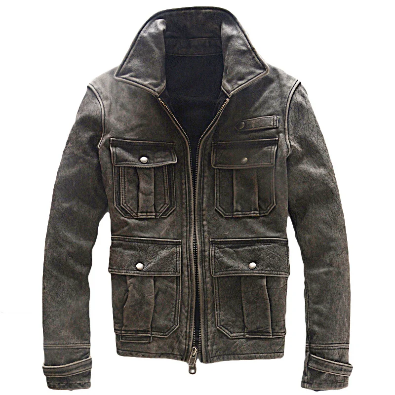 

Куртка мужская из натуральной воловьей кожи, винтажная мотоциклетная одежда с отложным воротником, приталенный силуэт, короткая черная, Ос...