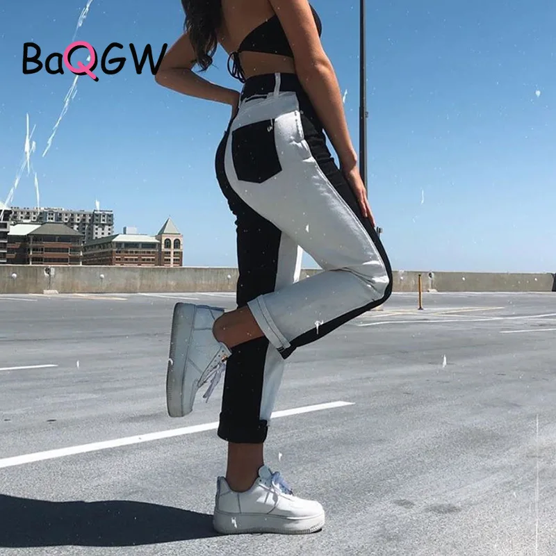 

BaQGW Black White Sportpants Autum Streetwear Contrast Color Denim Cargo Pants for Women Loose Hight Waist Jeans Jogging Trouser