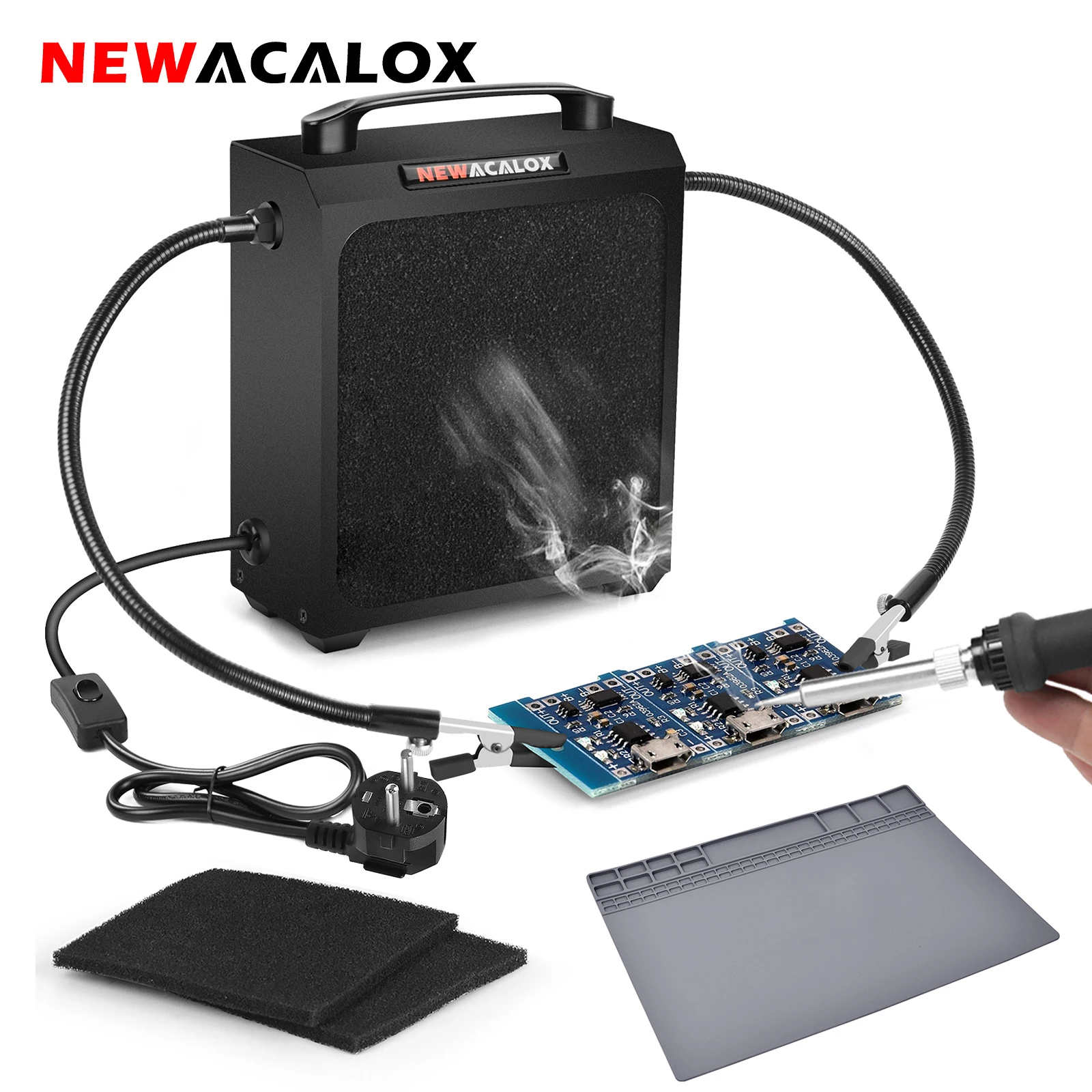 

NEWACALOX 100~240V 30W Welding Fume Extractor Smoke Absorber Remover with 2Pcs Flexible Solder Third Hand Soldering Silicone Pad