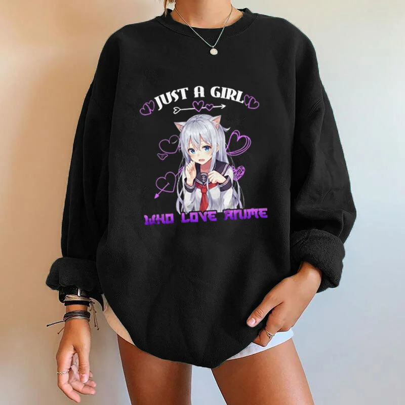 

Seeyoushy Just A Girl Who Love Anime Printing Women Sweatshirts Drop-Shoulder Tops Long Sleeve Casual Pullovers Fashion Moletom