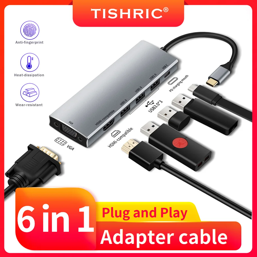 TISHRIC 6 в 1 Тип C разветвитель адаптер RJ45 100/1000 м PD VGA USB 3 0 док станция для Macbook Pro/Air/Huawei