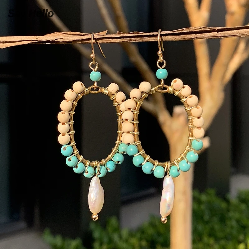 Женские круглые серьги подвески SAY HELLO Boho Модные Разноцветные с бирюзой и