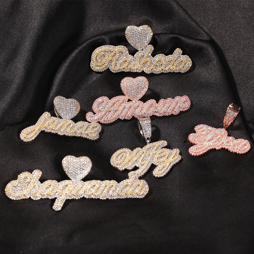 TBTK Custom Name Necklace Bubble Letter With Lovely Heart Clasp Iced Out White Pink CZ Pendant Tennis Chain Hiphop Jewelry