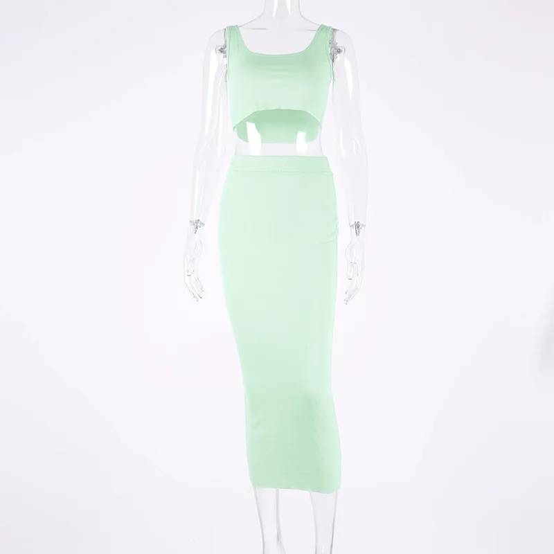 mint green Криптографический неоновый Модный укороченный топ без рукавов, женские комплекты, сексуальный комплект из двух предметов, сексуальная облегающая юбка с высокой талией, трикотажная юбка в рубчик - Цвет: mint green