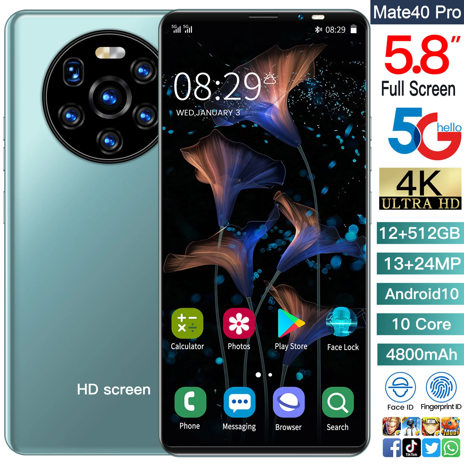 

Mate40 Pro Smartphone 5.8" Global Unlock HD Full Screen 12GB 512GB Android 10.0 13+24MP Camera 4800mAh Big Battery Smart Phone