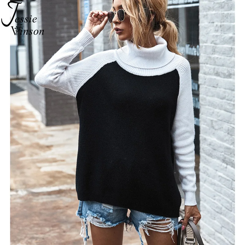 

Jessie Vinson Turtleneck Sweater Women Patchwork Women's Sweaters Casual Loose Pullover Knitted Sweater Knitwear Autumn Winter