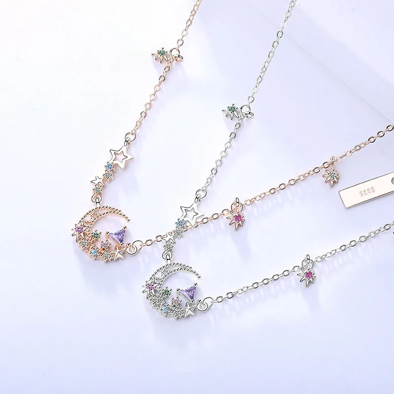 

Ювелирные изделия из стерлингового серебра S925 пробы, универсальное Женское Ожерелье В южнокорейском стиле со звездой и луной, ожерелье выс...