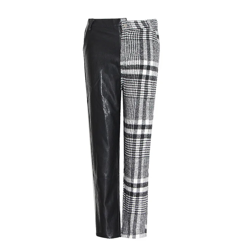 

New contrast plaid stitching pu leather pants asymmetrical slim high waist straight casual pants women