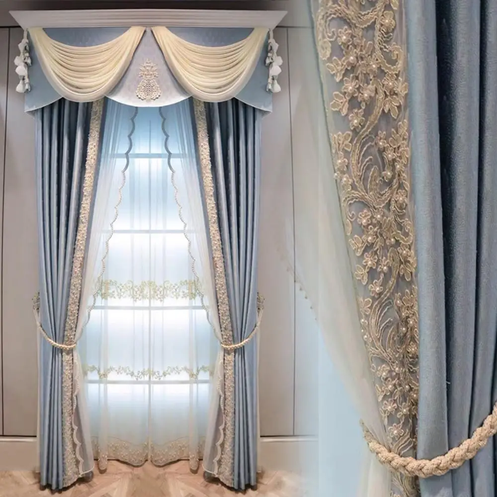 

European solid color light luxury atmosphere modern wind blue shading curtain living room bedroom balcony French window curtain