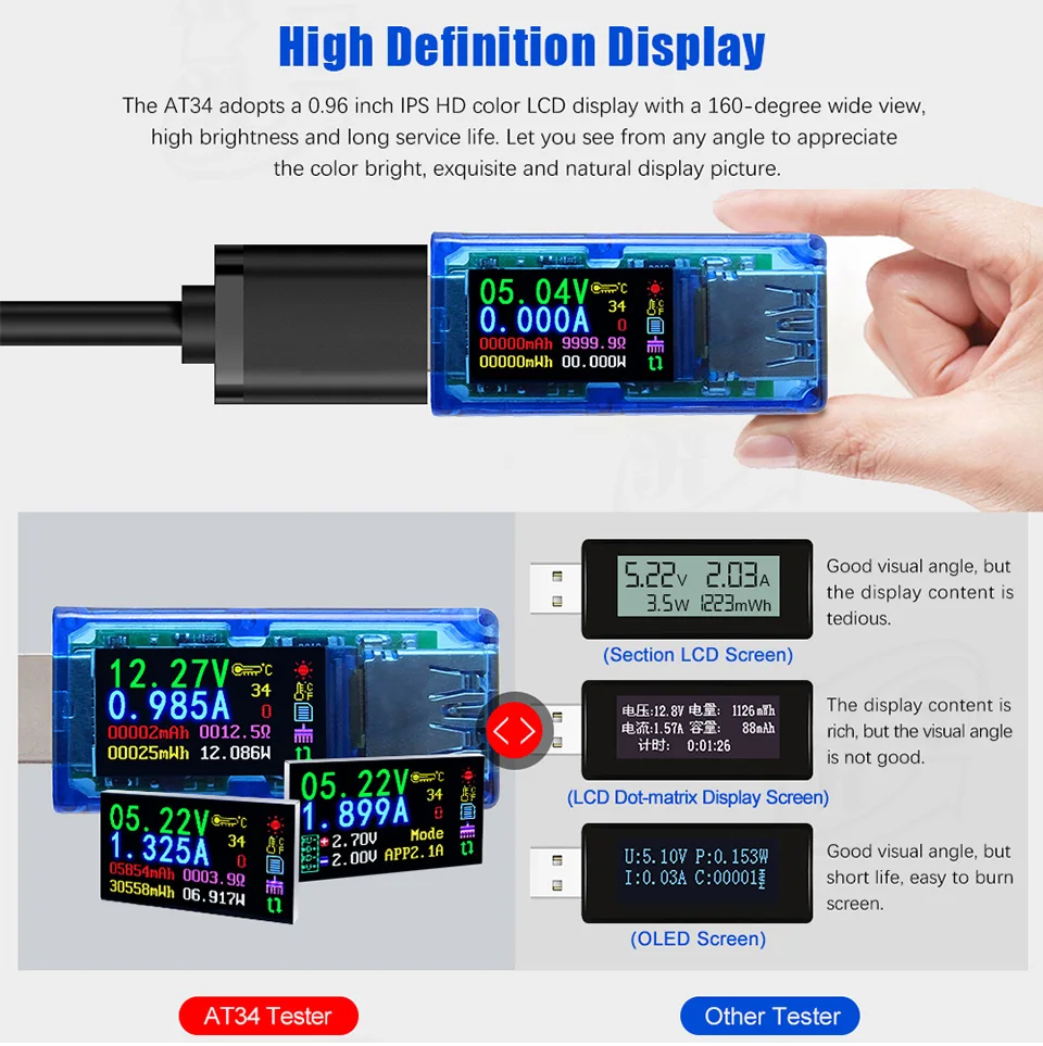 DIYFIX USB 3,0 тестер HD цветной ЖК-Вольтметр Амперметр измеритель напряжения тока мультиметр батарея Зарядка power Bank AT34 USB Тестер