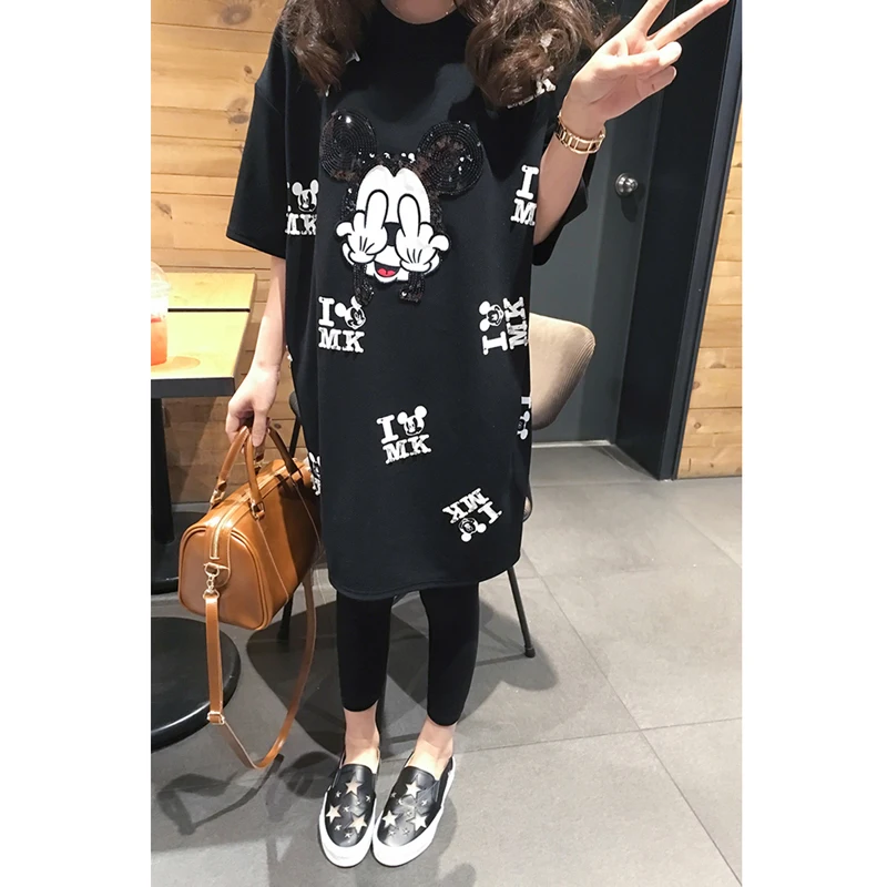 XL-5XL, подиумная футболка, платье, sequines, футболка, повседневная, с мультяшным принтом, женская футболка, топы, большие размеры, Черная Футболка, большой размер