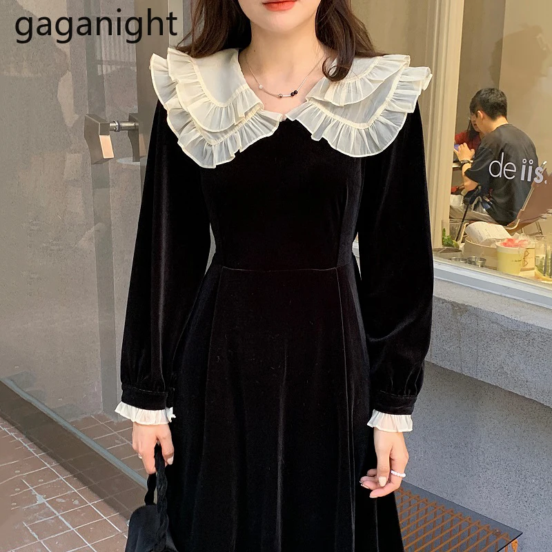 

Gaganight Women Dress 2021 Autumn Winter Korean Chic Double-layer Doll Collar Contrast Color Stitching Lace Waist Velvet Dress