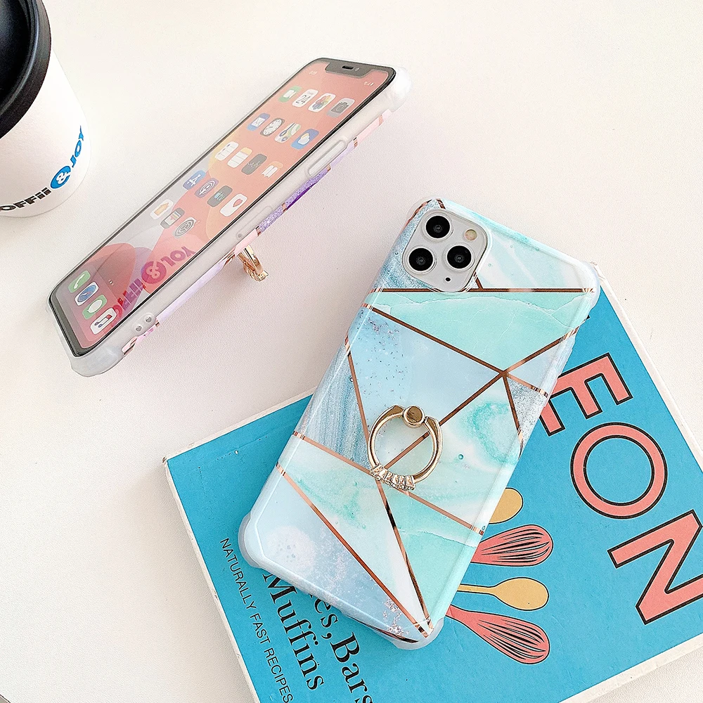LOVECOM Electroplated Geometric Marble Phone Case For iPhone 12 11 Pro XR XS Max Corner Shockproof Soft Ring Finger Back Cover | Мобильные