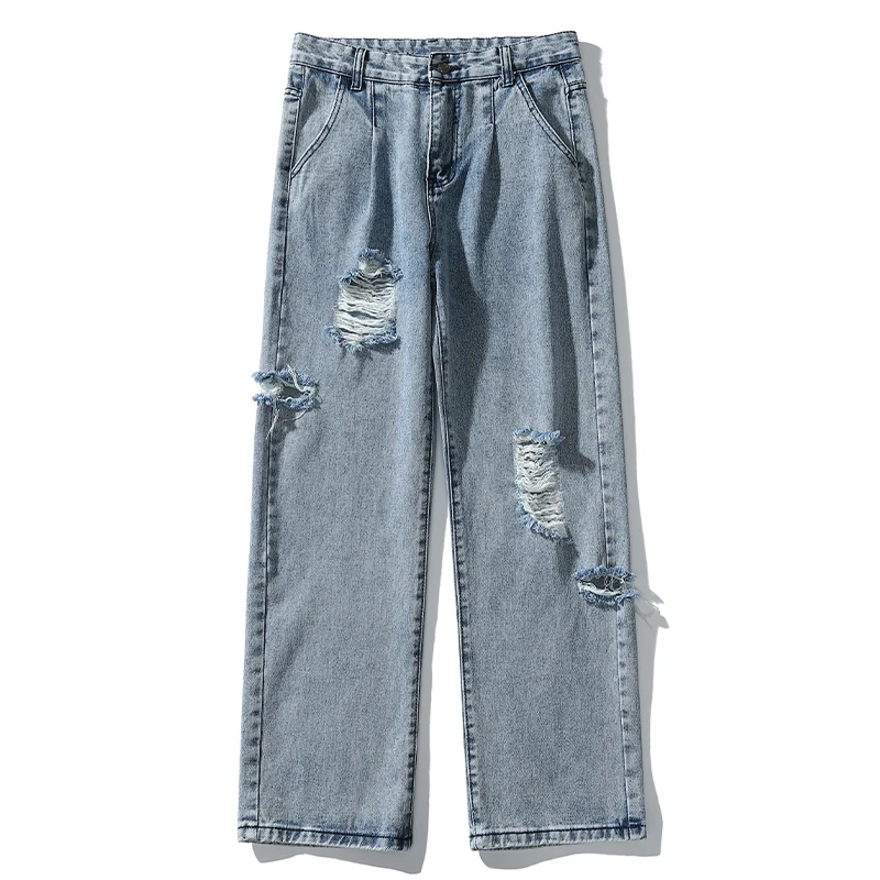 European American Street Style Fashion Men Jeans Loose Fit Retro Blue Destroyed Ripped Jeans Men Hip Hop Wide Leg Pants