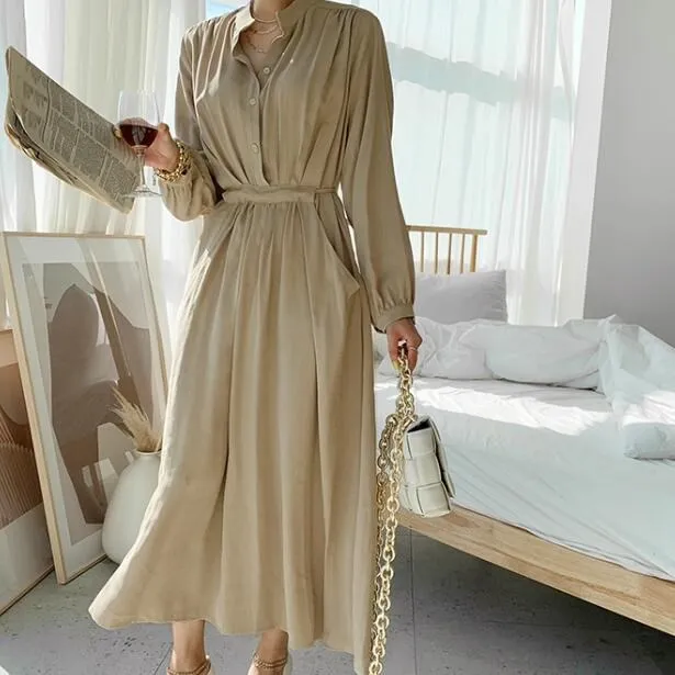 

Elegant Long Shirt Dress for Women Casual Button Down Long Sleeve Belted Slim Waist Pleated Dresses Vestidos