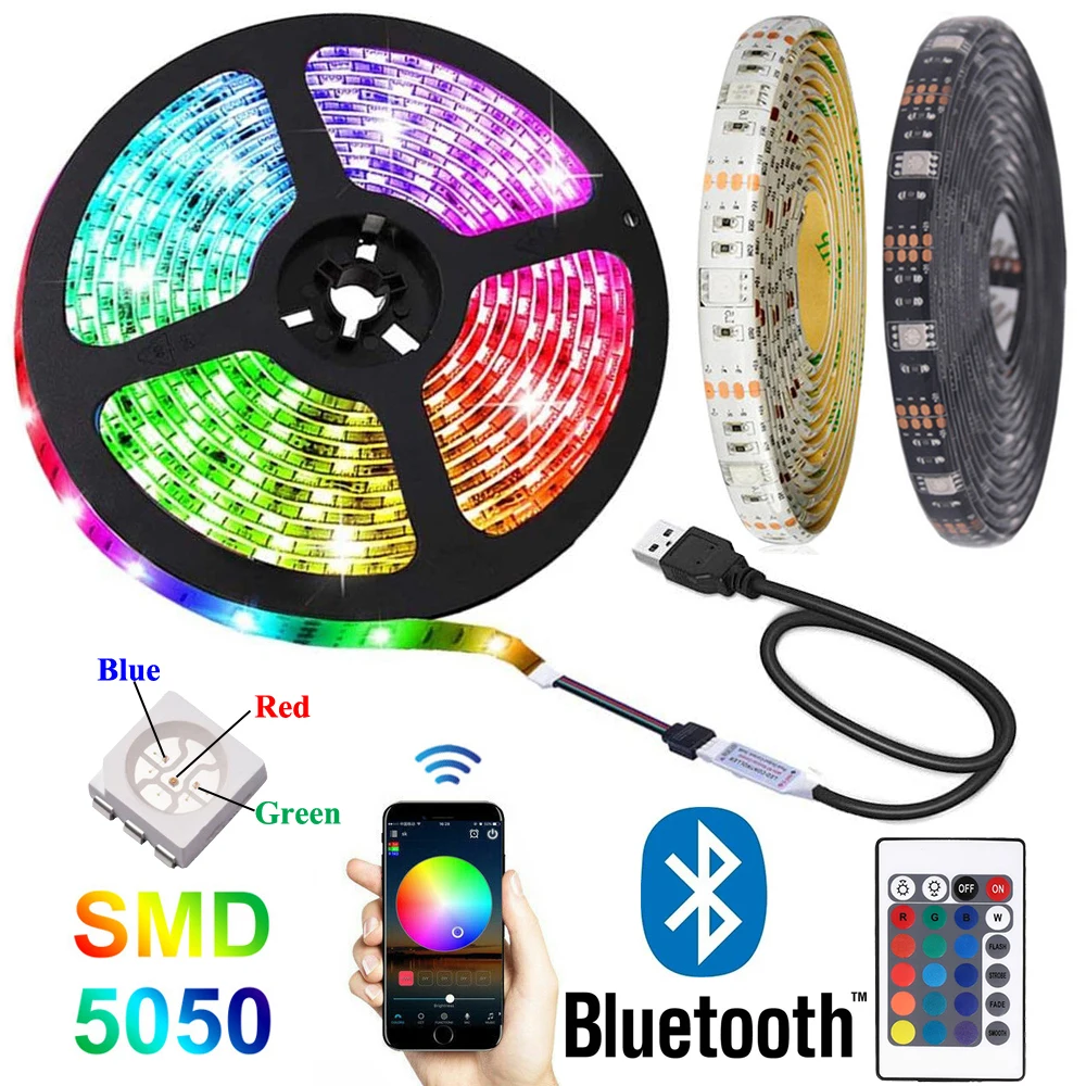 

Bluetooth 5050 RGB LED Strip Lights DC 5V Tira USB Neon Tape taśma Stripe Band Ambient Backlight for Home Room TV PC Decoration