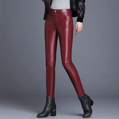 Fall Winter Women Fashion Slim Wine Red Black Pu Leather Skinny Pants , Woman Clothing Fleece Thick Warm Trousers