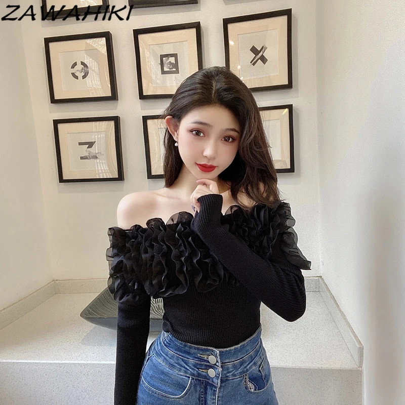 

ZAWAHIKI Women Pullover Long Sleeve Slash Neck Ruffles Slim Elegant Sweaters Vintage Harajuku Knit Tops Autumn Sweater Pullovers