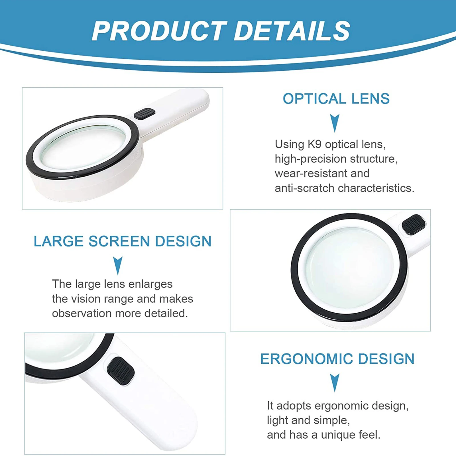 

Handheld Reading Magnifier with LED Lights, Portable Non-slip Magnifying Glass with Long Handle, 30X New Style 2021