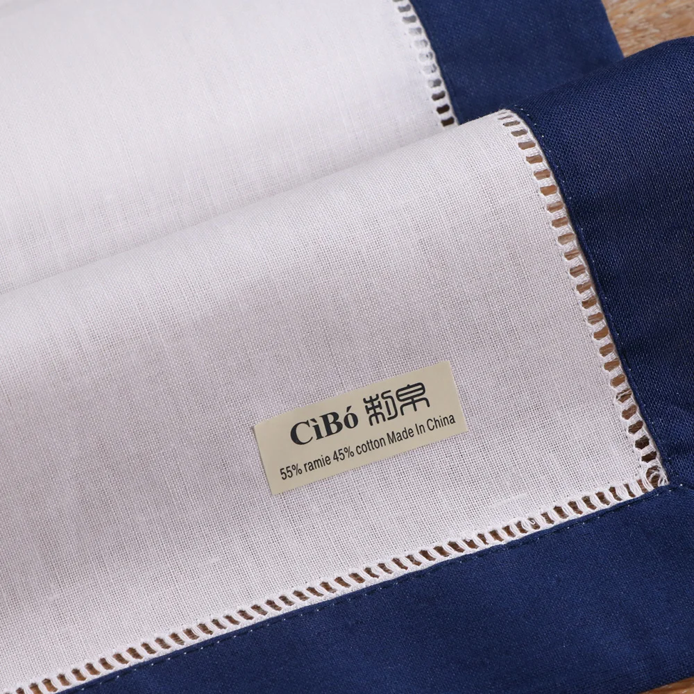 N037-DB-20: 12pieces White Hemstitch Dinner Napkins Dark Blue hem Ramie Cotton Blend Ladder table linen | Дом и сад