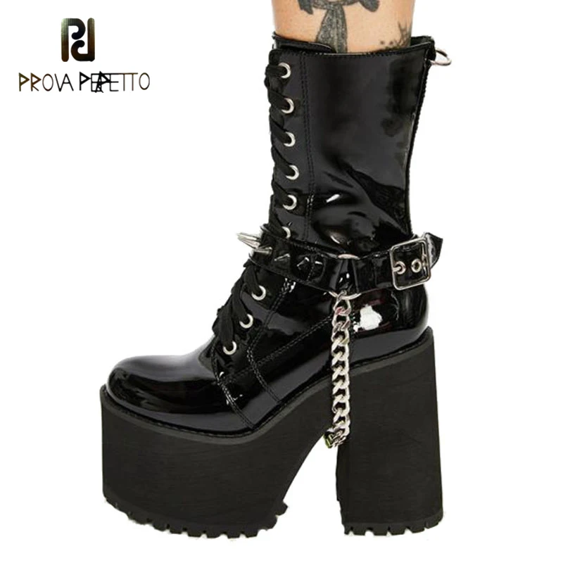 

Autumn and Winter New Thick High-heeled Metal Chain Rivet Waterproof Platform Belt Buckle Side Zipper Black Martin Boots