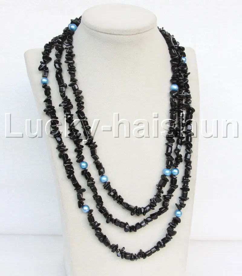 

JQHS Long natural 70" 9mm Baroque blue pearls black Agate necklace 18KGP j11674
