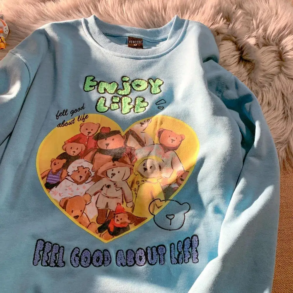 

Chic Cute Bear Family Cartoon Sweatshirts Vintage Women Hip Hop Streetwear Kawaii Teens Girls Clothes Harajuku 2021 Fashion Tops