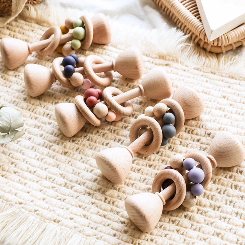 

1pc Baby Wooden Teether Music Rattle Silicone Beads Wooden Ring Montessori Baby Stroller Toys Newborn Educational Baby Products